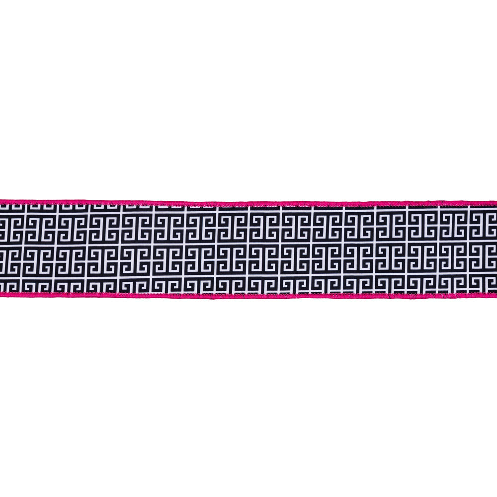 Black & White Greek Key Pattern with Pink Backing Wired Dupioni Ribbon - 2.5" - Greenery MarketWired Ribbon9391W-031-63E