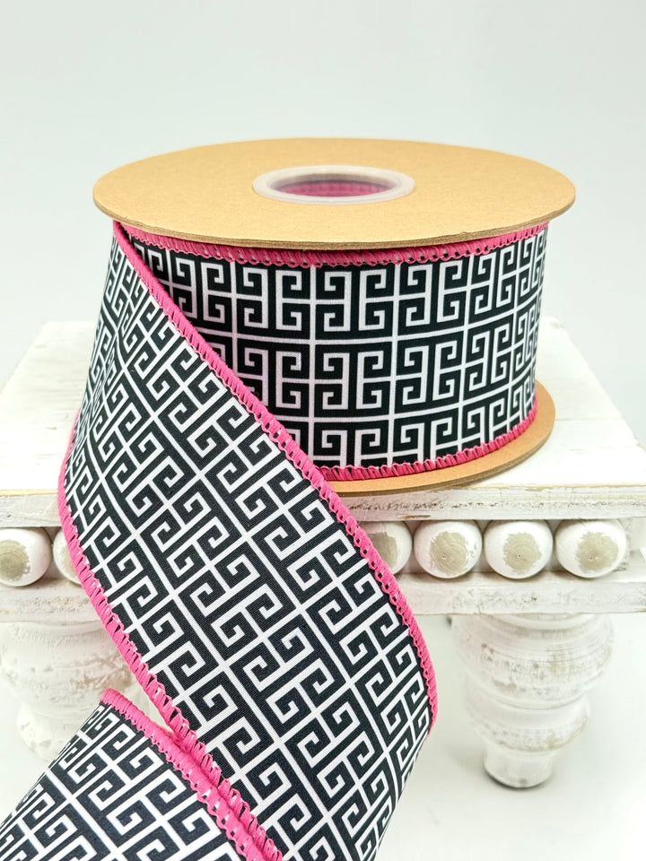 Black & White Greek Key Pattern with Pink Backing Wired Dupioni Ribbon - 2.5" - Greenery MarketWired Ribbon9391W-031-63E