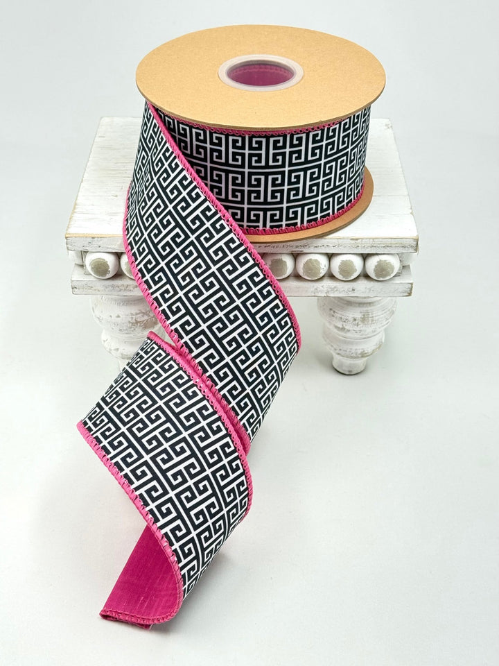 Black & White Greek Key Pattern with Pink Backing Wired Dupioni Ribbon - 2.5" - Greenery MarketWired Ribbon9391W-031-63E