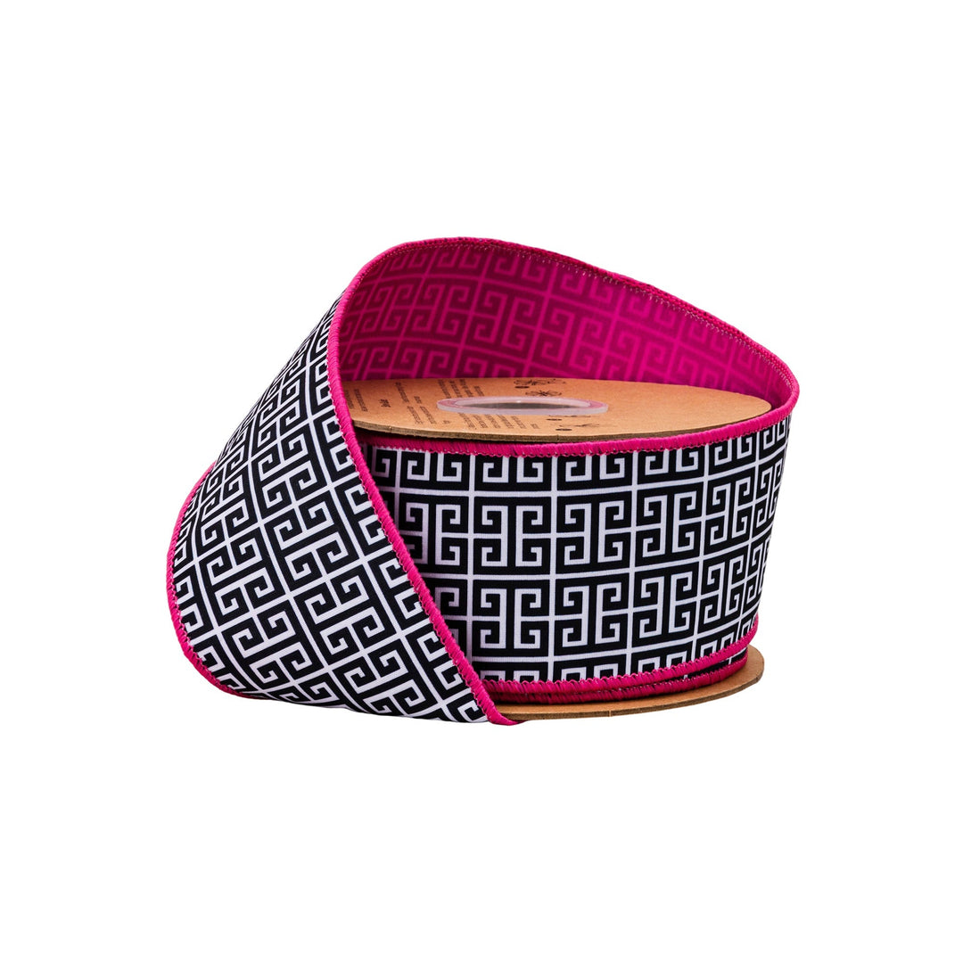 Black & White Greek Key Pattern with Pink Backing Wired Dupioni Ribbon - 2.5" - Greenery MarketWired Ribbon9391W-031-63E