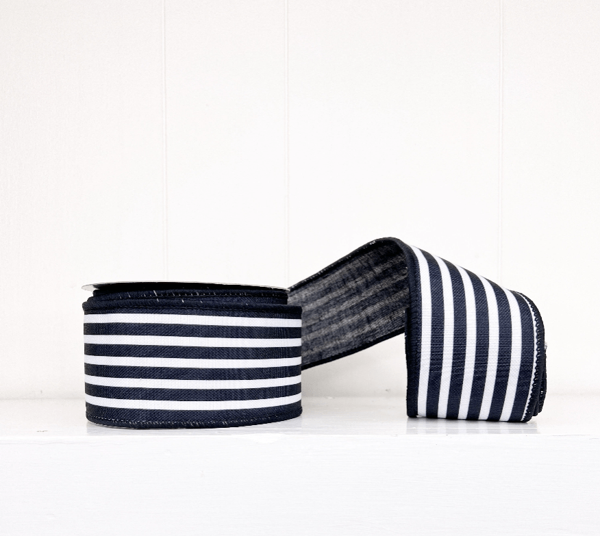 Black & White Horizontal Stripe Wired Ribbon - 2.5" - Greenery Market12848