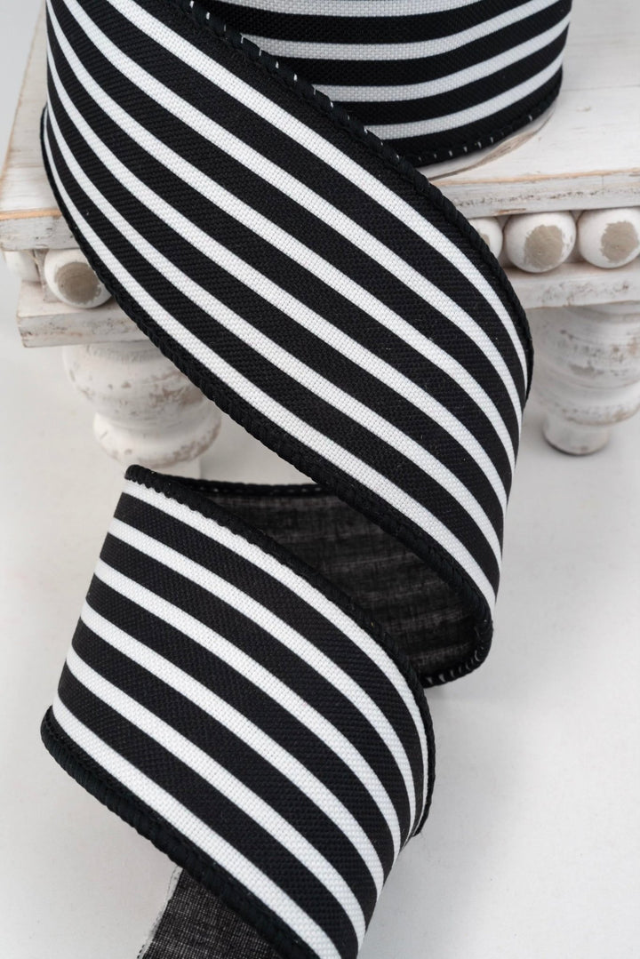 Black & White Horizontal Stripe Wired Ribbon - 2.5" - Greenery Market12848