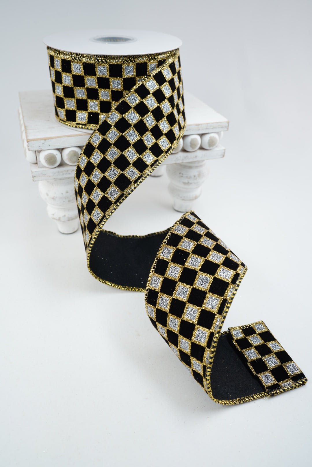 Black with gold glittered check 2.5 wired ribbon - Greenery MarketWired ribbon94040W-987-40F