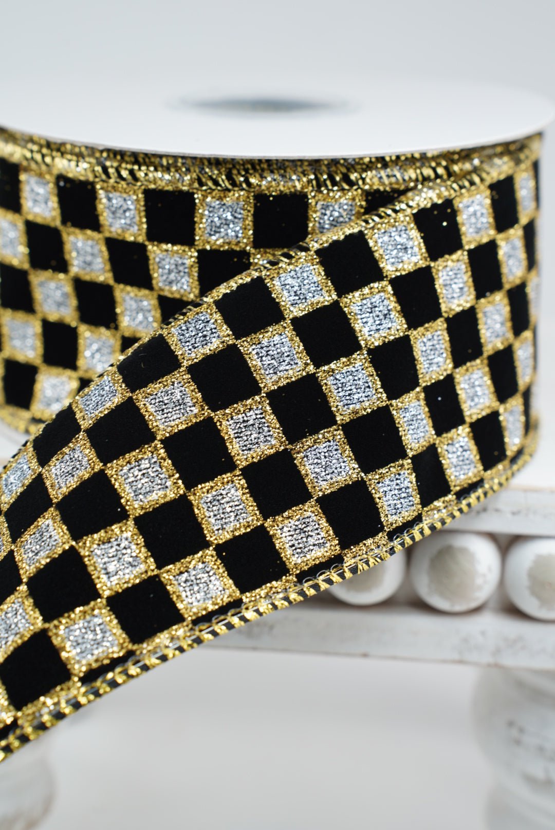 Black with gold glittered check 2.5 wired ribbon - Greenery MarketWired ribbon94040W-987-40F
