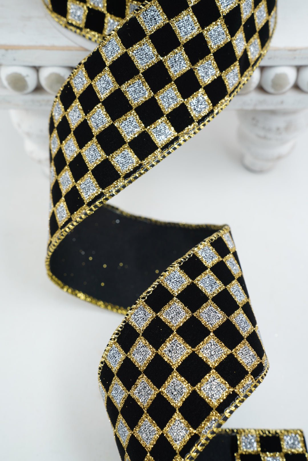 Black with gold glittered check 2.5 wired ribbon - Greenery MarketWired ribbon94040W-987-40F