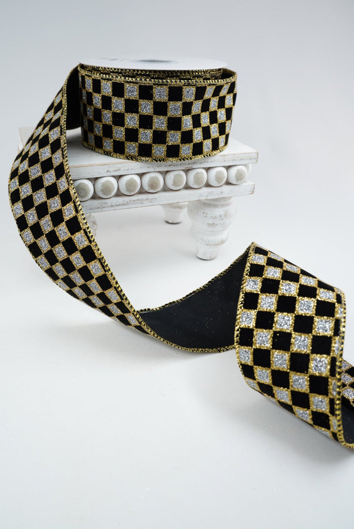 Black with gold glittered check 2.5 wired ribbon - Greenery MarketWired ribbon94040W-987-40F