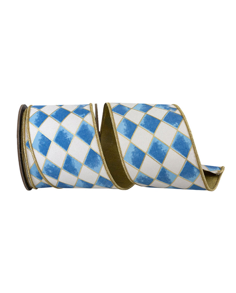 Blue and Gold Harlequin Wired Ribbon 2.5” - Greenery Market