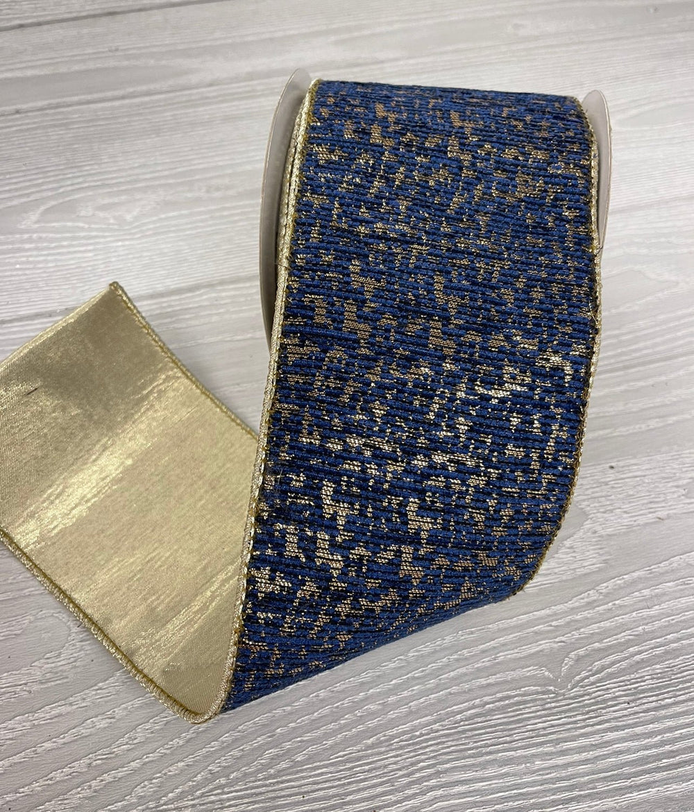 Blue and gold jacquard 4” wired ribbon - Greenery MarketWired ribbon179779