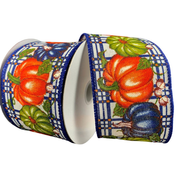 Blue and orange pumpkin wired ribbon 2.5” - Greenery MarketWired ribbon61319 - 40 - 25