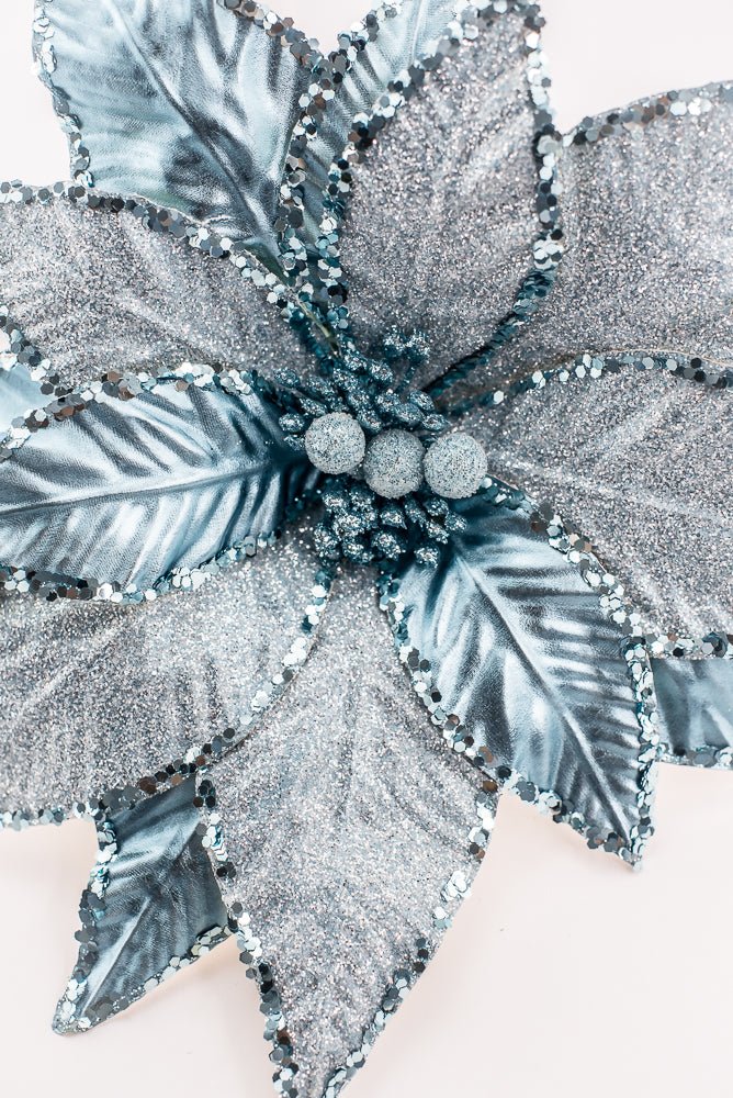Blue and Silver Metallic Poinsettia Stem - Greenery Market86325BL