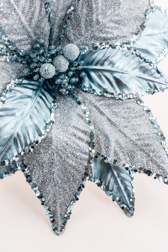 Blue and Silver Metallic Poinsettia Stem - Greenery Market86325BL