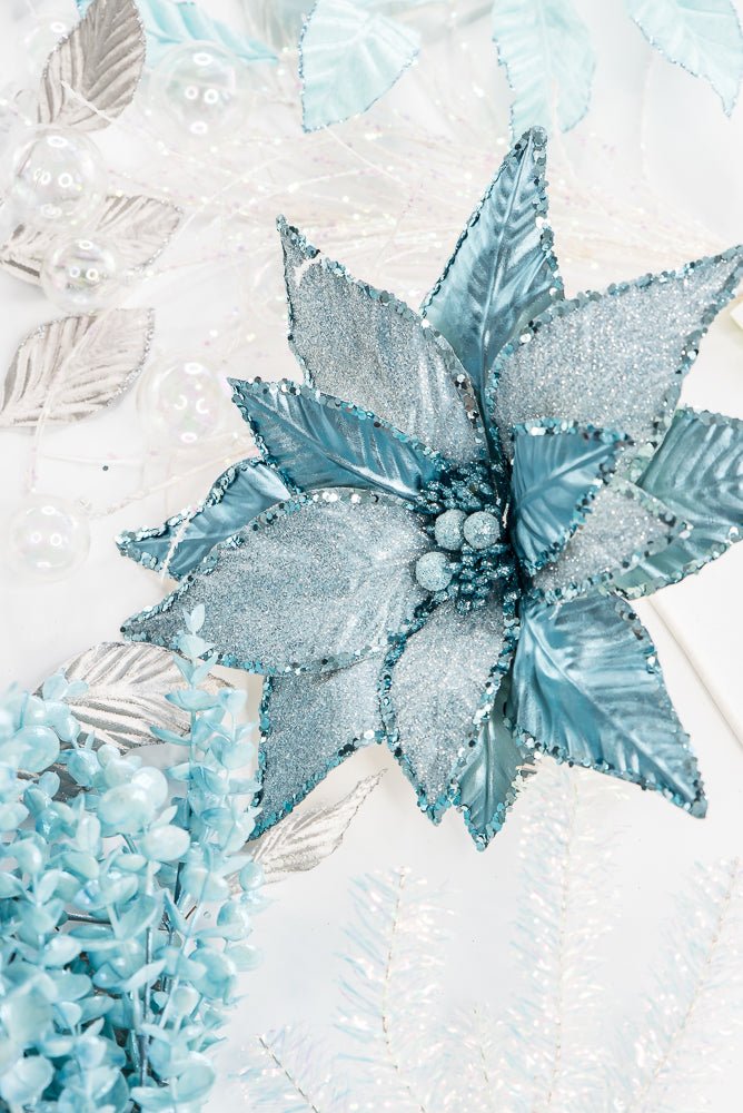 Blue and Silver Metallic Poinsettia Stem - Greenery Market86325BL