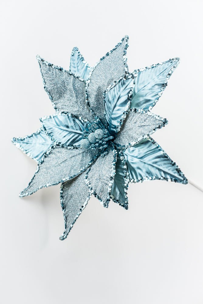 Blue and Silver Metallic Poinsettia Stem - Greenery Market86325BL