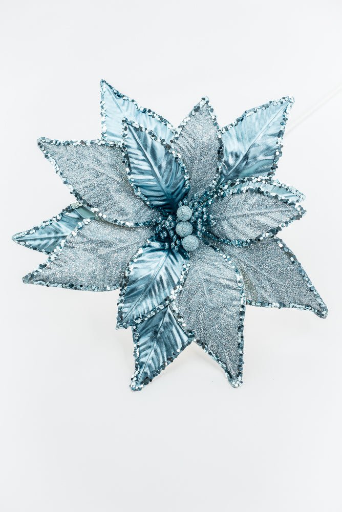 Blue and Silver Metallic Poinsettia Stem - Greenery Market86325BL