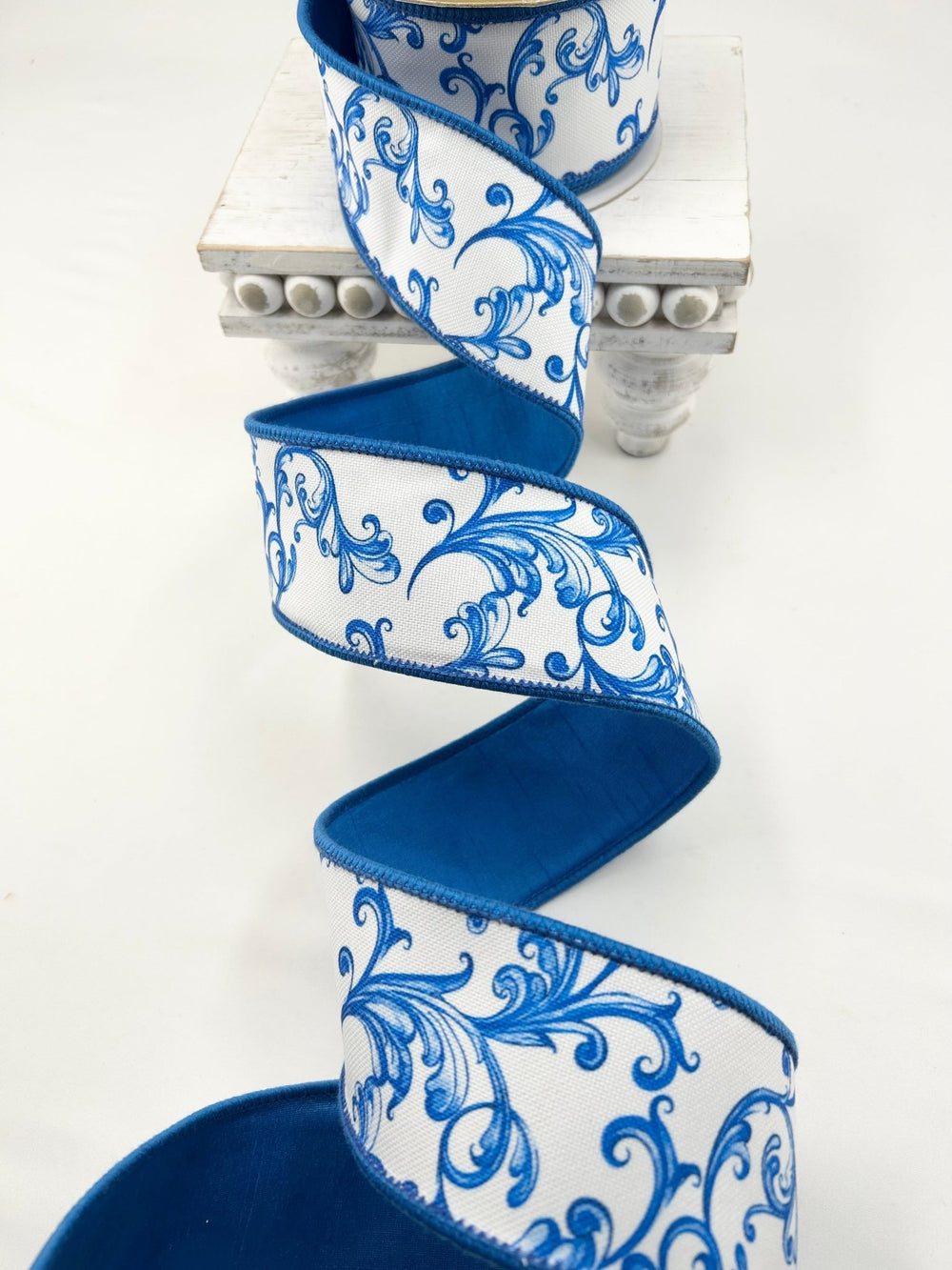 Blue And White Acanthus Print Dupion Ribbon - Greenery Market249658