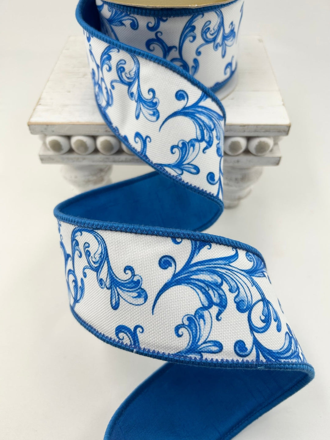 Blue And White Acanthus Print Dupion Ribbon - Greenery Market249658