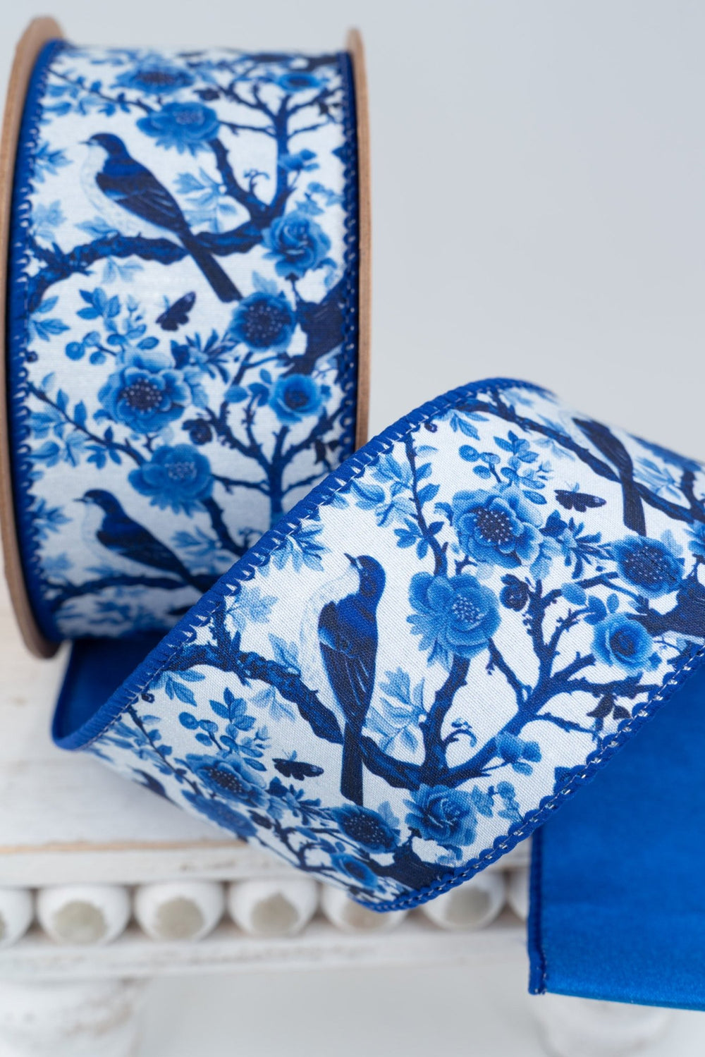 Blue and White China Birds with Blue Backing Wired Dupioni Ribbon - 2.5" - Greenery MarketWired Ribbon9374W-018-63E
