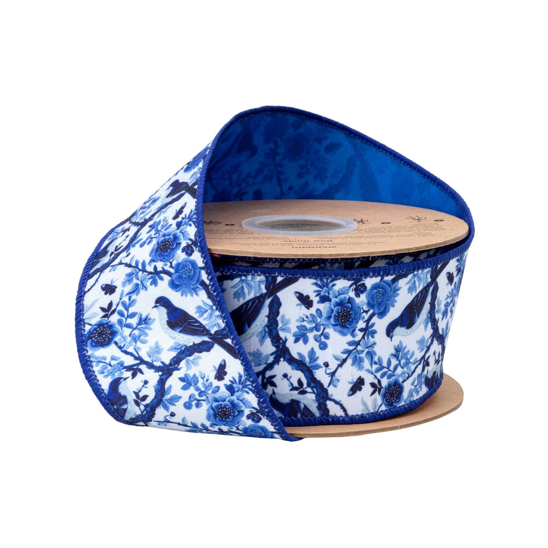 Blue and White China Birds with Blue Backing Wired Dupioni Ribbon - 2.5" - Greenery MarketWired Ribbon9374W-018-63E