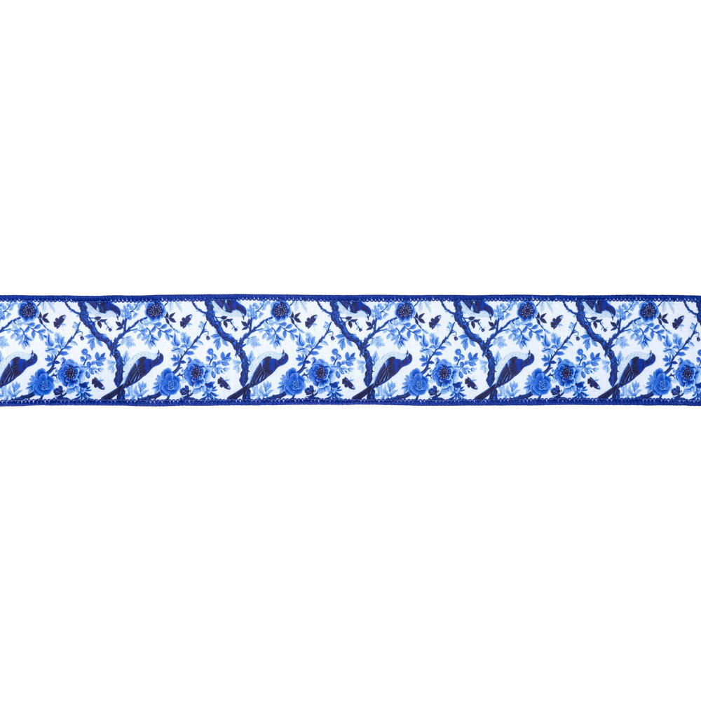Blue and White China Birds with Blue Backing Wired Dupioni Ribbon - 2.5" - Greenery MarketWired Ribbon9374W-018-63E