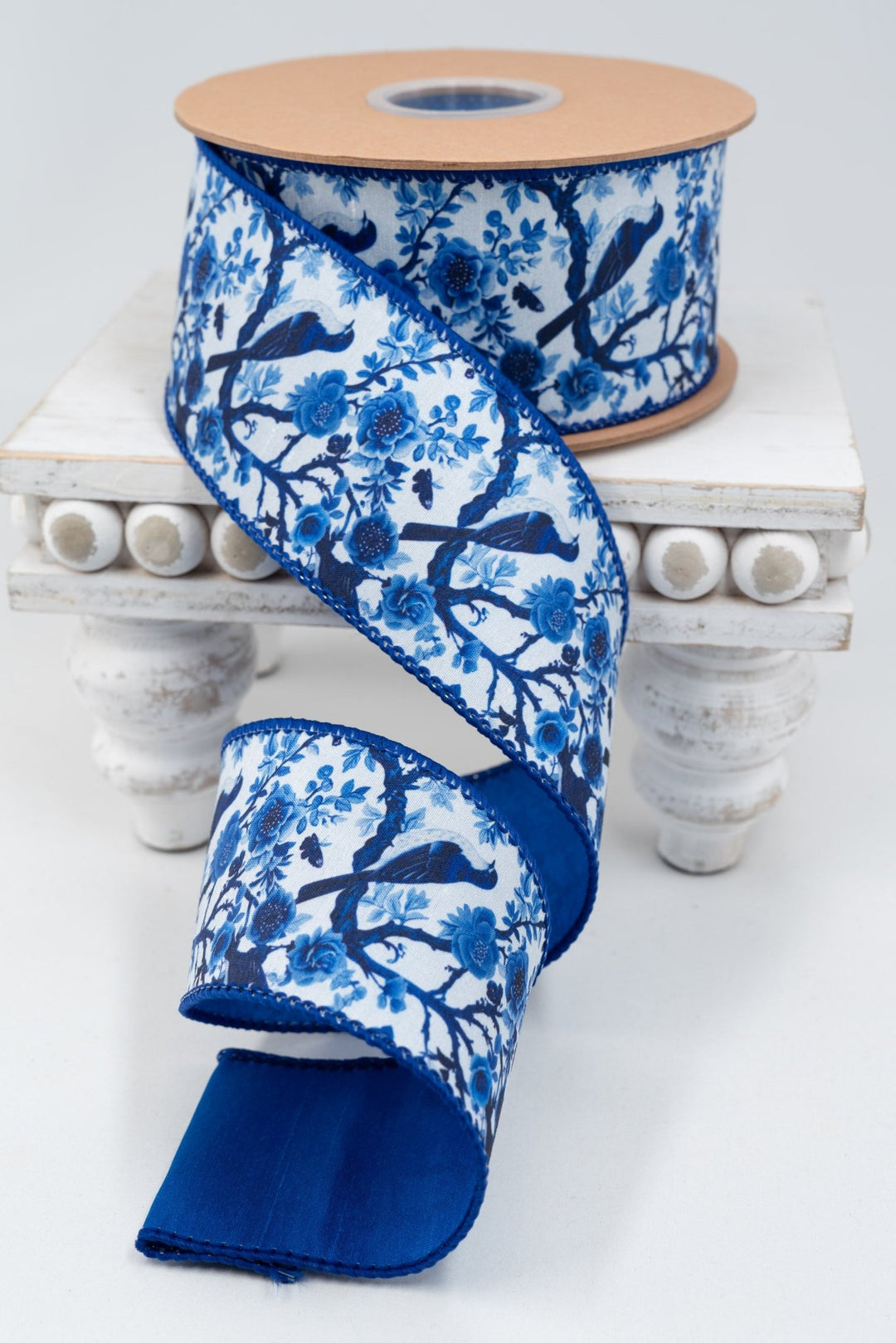 Blue and White China Birds with Blue Backing Wired Dupioni Ribbon - 2.5" - Greenery MarketWired Ribbon9374W-018-63E