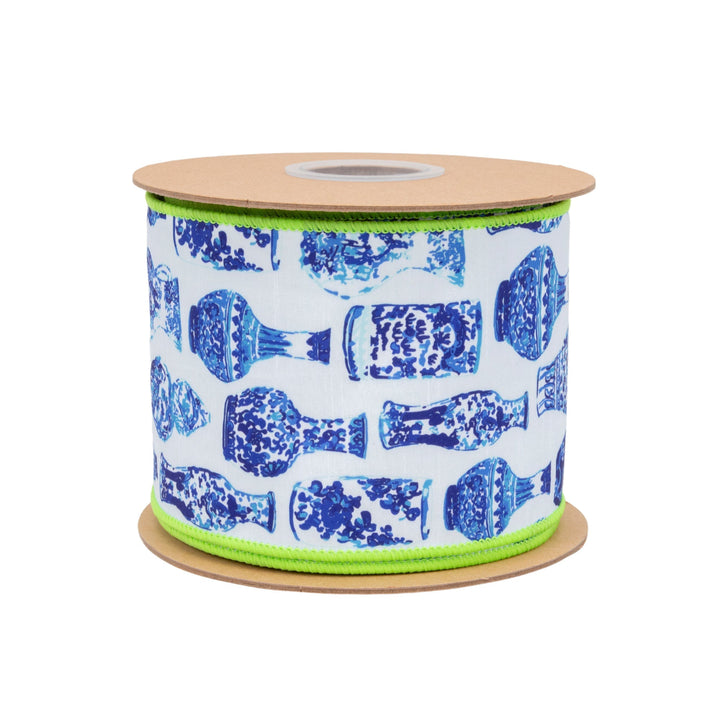 Blue and White China Pots with Lime Green Backing Wired Dupioni Ribbon - 4" - Greenery MarketWired Ribbon9373W-018-100E