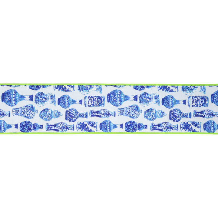 Blue and White China Pots with Lime Green Backing Wired Dupioni Ribbon - 4" - Greenery MarketWired Ribbon9373W-018-100E