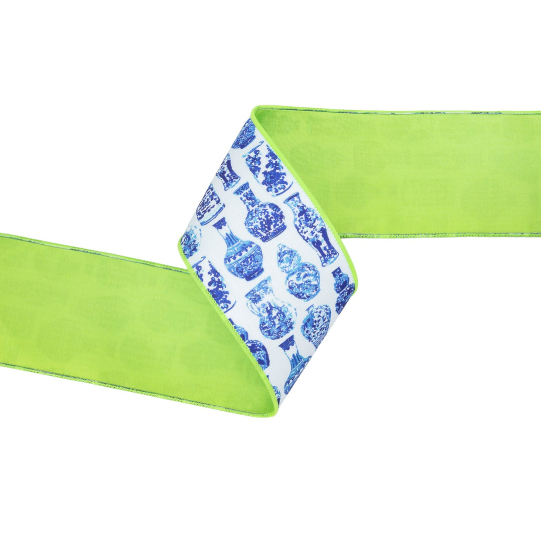 Blue and White China Pots with Lime Green Backing Wired Dupioni Ribbon - 4" - Greenery MarketWired Ribbon9373W-018-100E