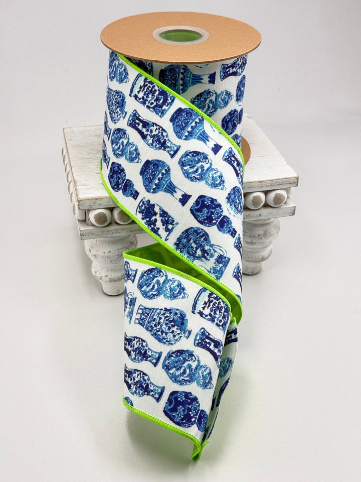 Blue and White China Pots with Lime Green Backing Wired Dupioni Ribbon - 4" - Greenery MarketWired Ribbon9373W-018-100E