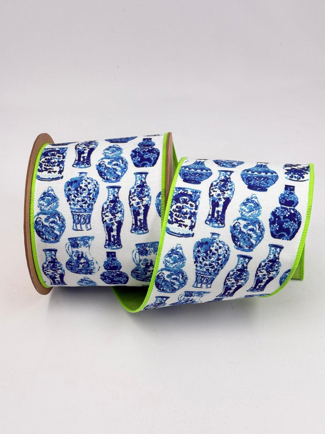 Blue and White China Pots with Lime Green Backing Wired Dupioni Ribbon - 4" - Greenery MarketWired Ribbon9373W-018-100E