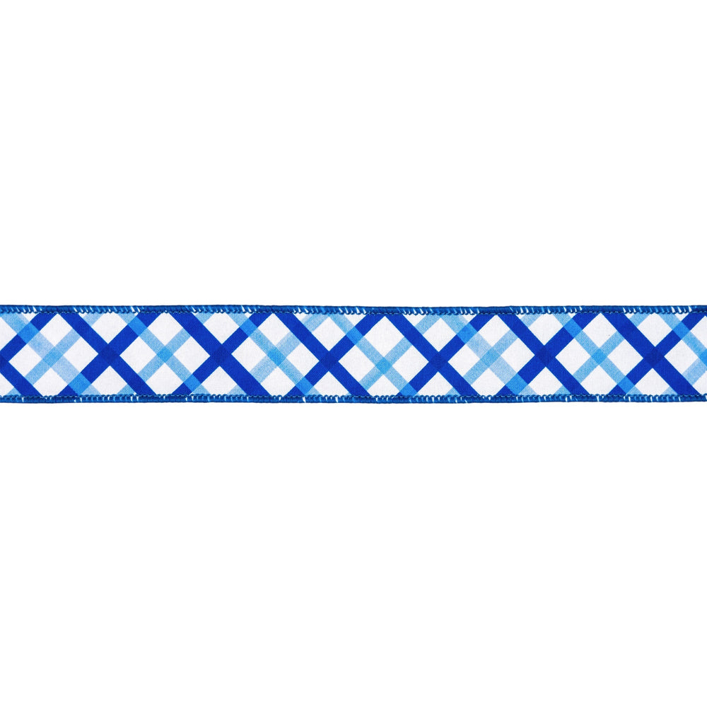 Blue and White Decorative Stripe with Blue Backing Wired Dupioni Ribbon - 1.5" - Greenery MarketWired Ribbon9368W-018-38E