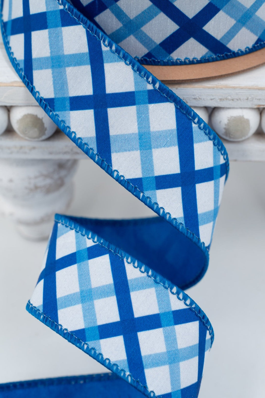 Blue and White Decorative Stripe with Blue Backing Wired Dupioni Ribbon - 1.5" - Greenery MarketWired Ribbon9368W-018-38E