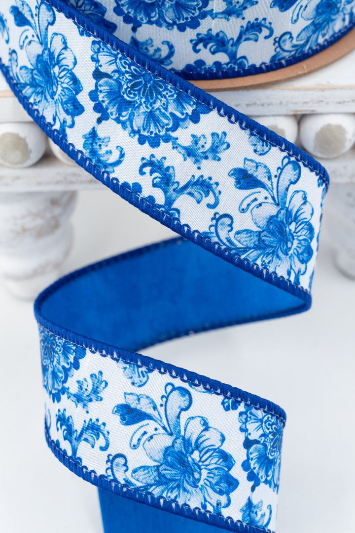 Blue and White Floral with Blue Backing Wired Dupioni Ribbon - 1.5" - Greenery MarketWired Ribbon9376W-018-38E