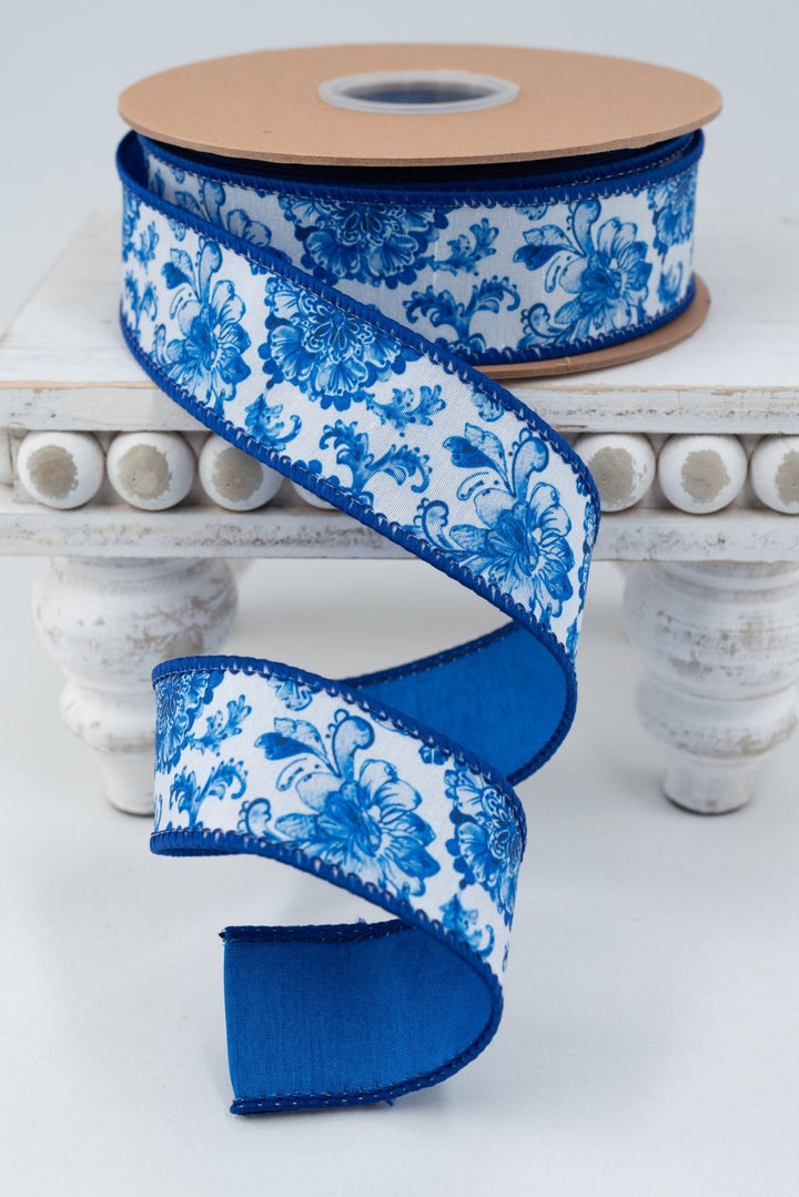 Blue and White Floral with Blue Backing Wired Dupioni Ribbon - 1.5" - Greenery MarketWired Ribbon9376W-018-38E