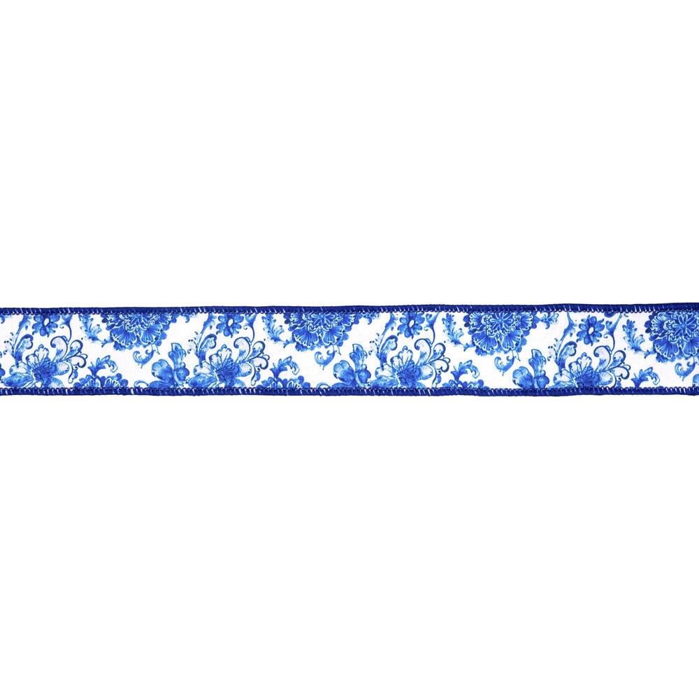 Blue and White Floral with Blue Backing Wired Dupioni Ribbon - 1.5" - Greenery MarketWired Ribbon9376W-018-38E