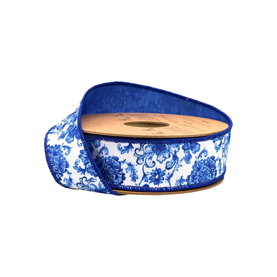 Blue and White Floral with Blue Backing Wired Dupioni Ribbon - 1.5" - Greenery MarketWired Ribbon9376W-018-38E