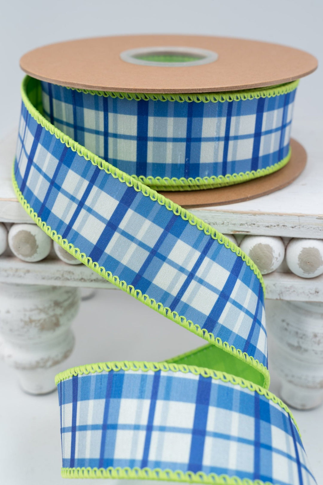 Blue and White Plaid with Lime Green Backing Wired Dupioni Ribbon - 1.5" - Greenery MarketWired Ribbon9378W-552-38E