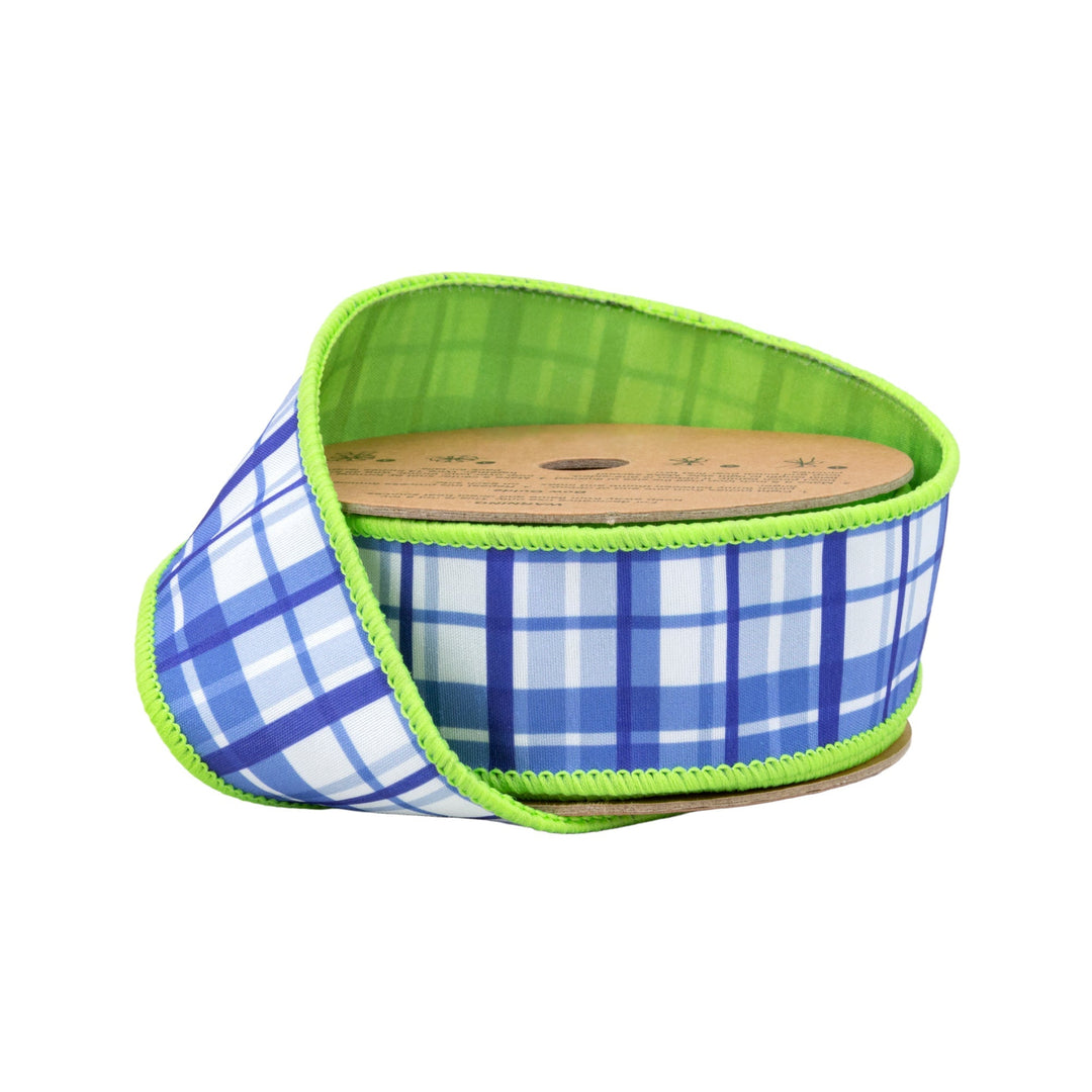 Blue and White Plaid with Lime Green Backing Wired Dupioni Ribbon - 1.5" - Greenery MarketWired Ribbon9378W-552-38E