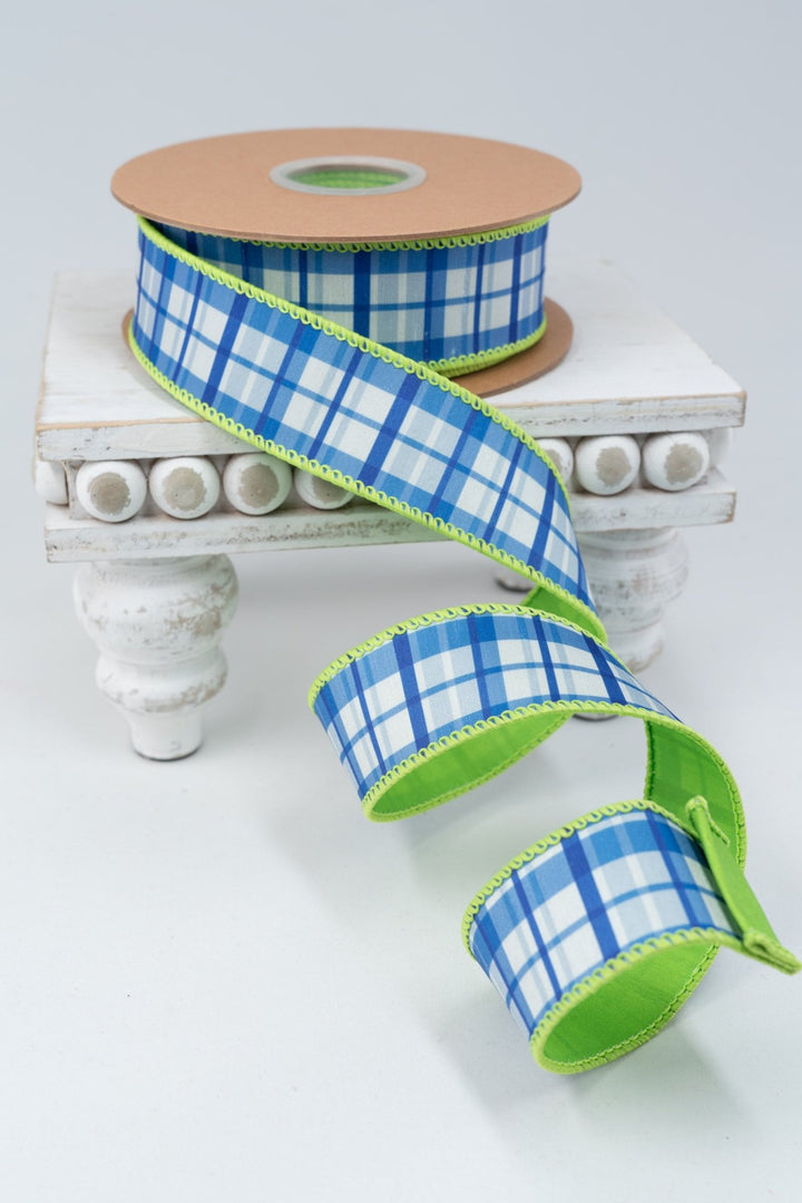 Blue and White Plaid with Lime Green Backing Wired Dupioni Ribbon - 1.5" - Greenery MarketWired Ribbon9378W-552-38E