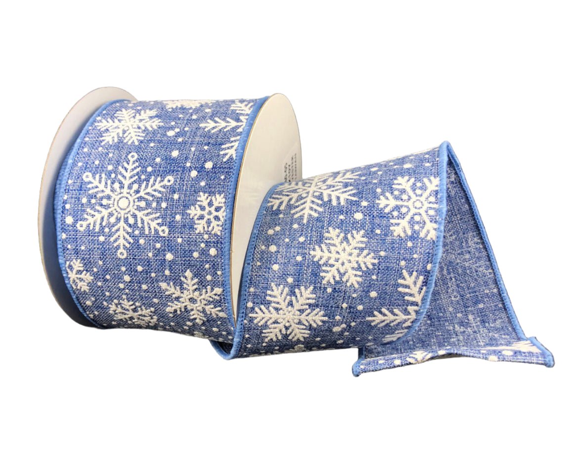 blue and white shimmering snowflakes wired ribbon , 2.5
