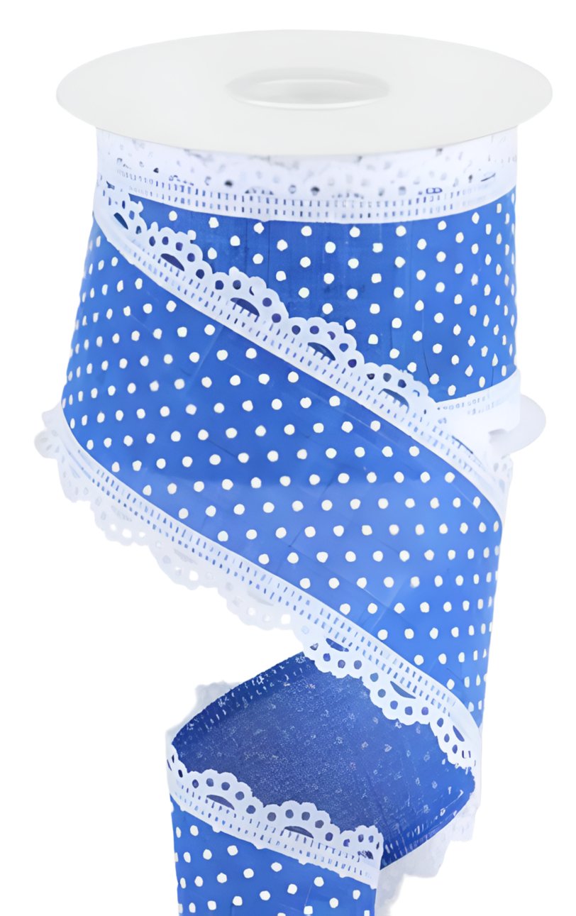 Blue and white Swiss dot with lace wired ribbon 2.5” - Greenery MarketRibbons & TrimRG0887025