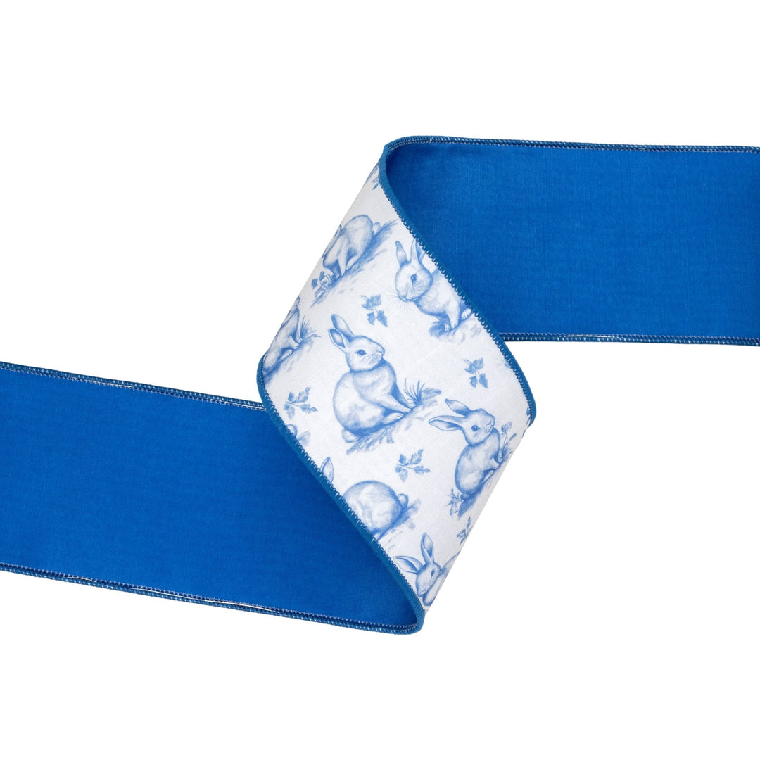 Blue Bunny Toile with Blue Backing Wired Dupioni Ribbon - 4" - Greenery MarketWired Ribbon9363W-365-100E