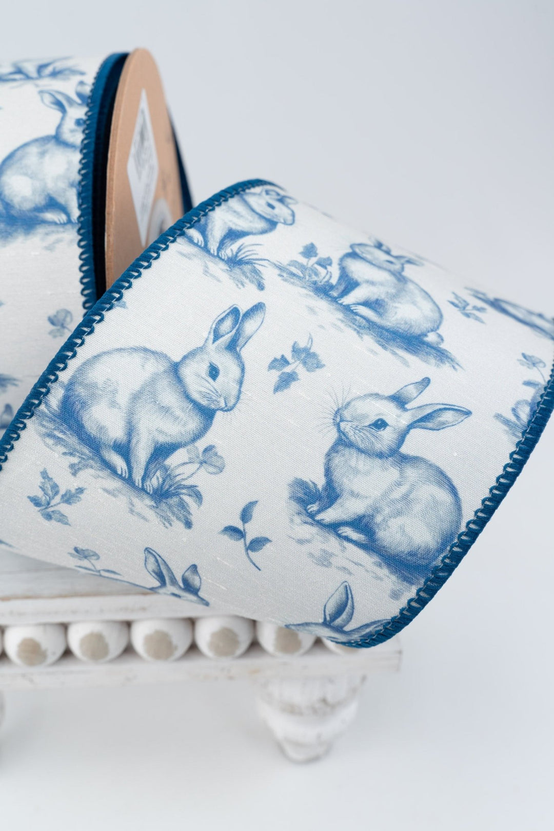 Blue Bunny Toile with Blue Backing Wired Dupioni Ribbon - 4" - Greenery MarketWired Ribbon9363W-365-100E