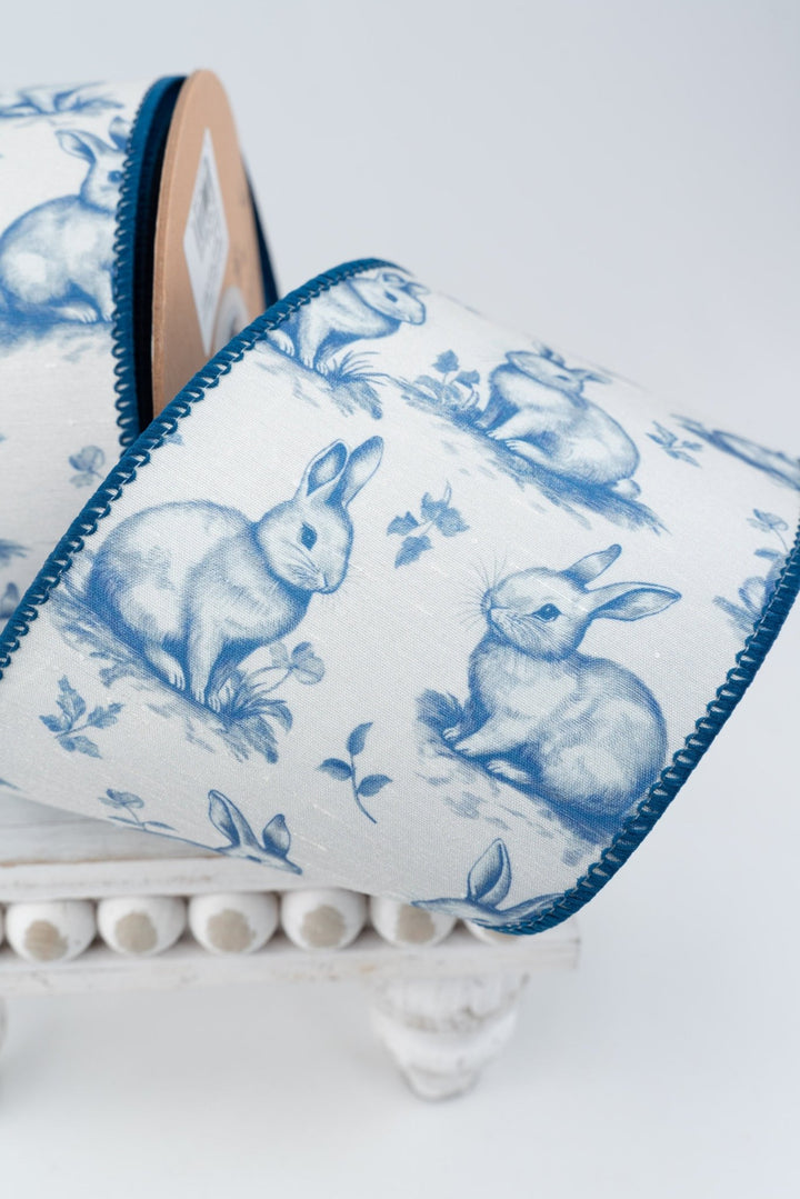 Blue Bunny Toile with Blue Backing Wired Dupioni Ribbon - 4" - Greenery MarketWired Ribbon9363W-365-100E