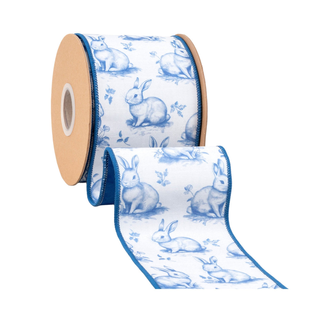 Blue Bunny Toile with Blue Backing Wired Dupioni Ribbon - 4" - Greenery MarketWired Ribbon9363W-365-100E