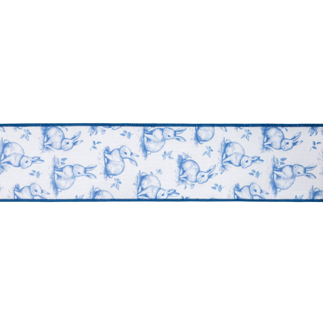 Blue Bunny Toile with Blue Backing Wired Dupioni Ribbon - 4" - Greenery MarketWired Ribbon9363W-365-100E