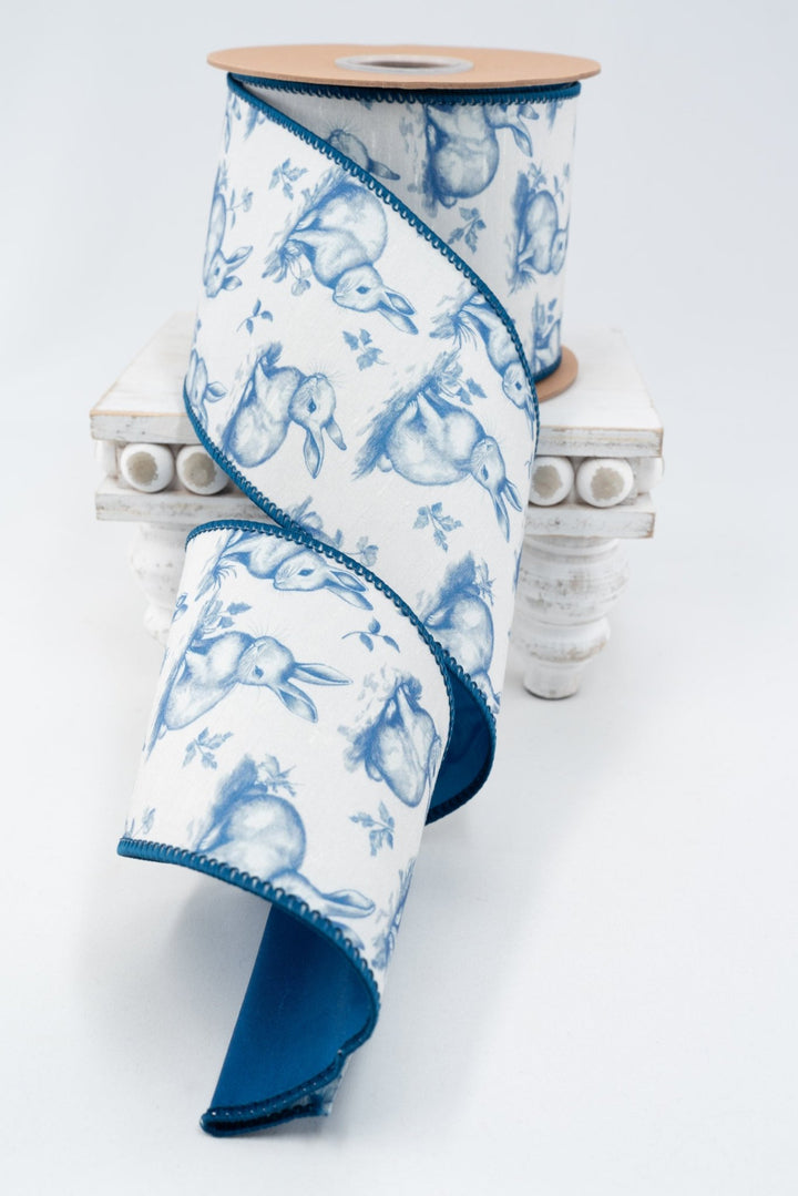 Blue Bunny Toile with Blue Backing Wired Dupioni Ribbon - 4" - Greenery MarketWired Ribbon9363W-365-100E