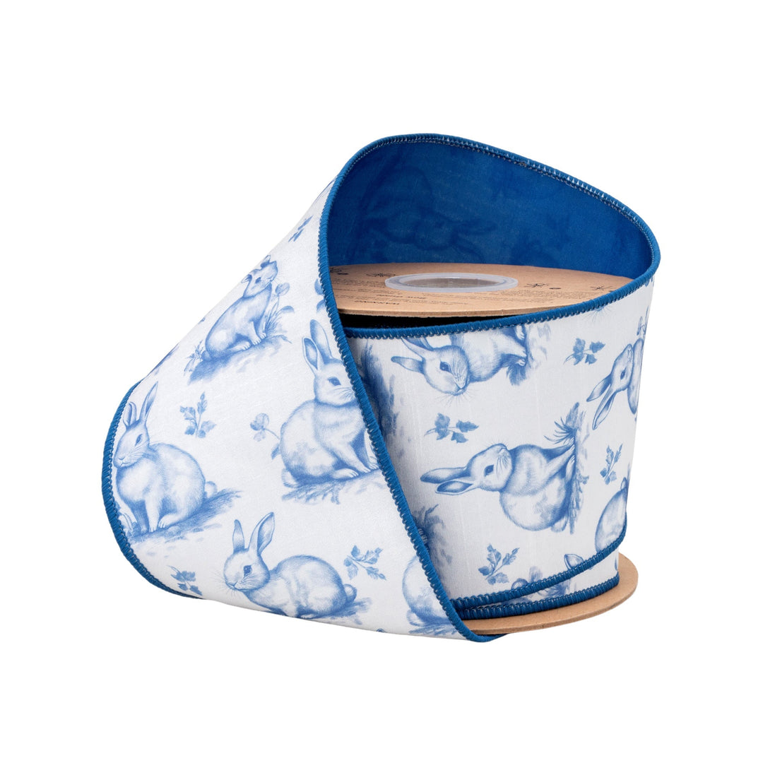 Blue Bunny Toile with Blue Backing Wired Dupioni Ribbon - 4" - Greenery MarketWired Ribbon9363W-365-100E