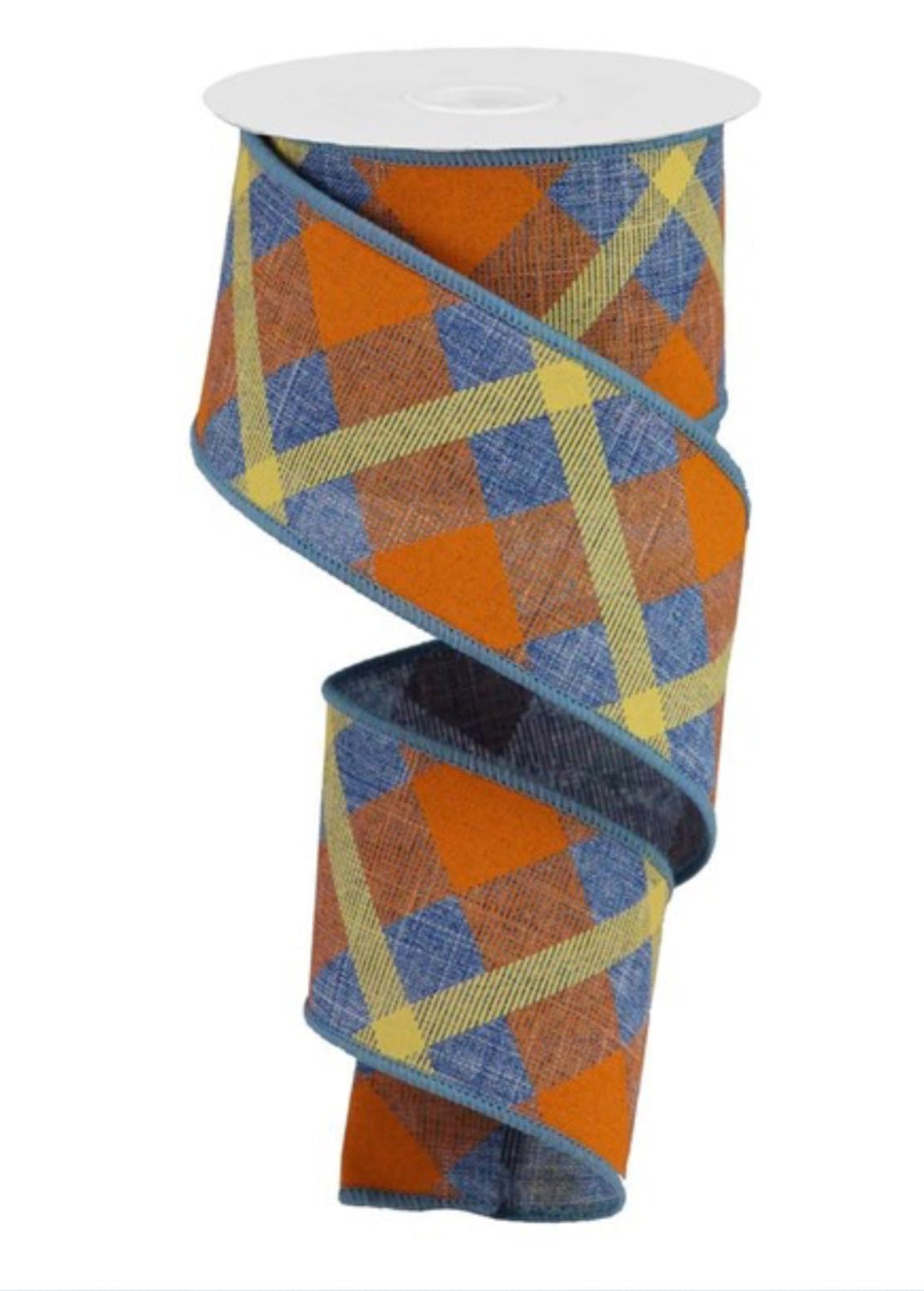 Blue denim and orange printed plaid on royal wired ribbon - Greenery MarketWired ribbonRG01683RT