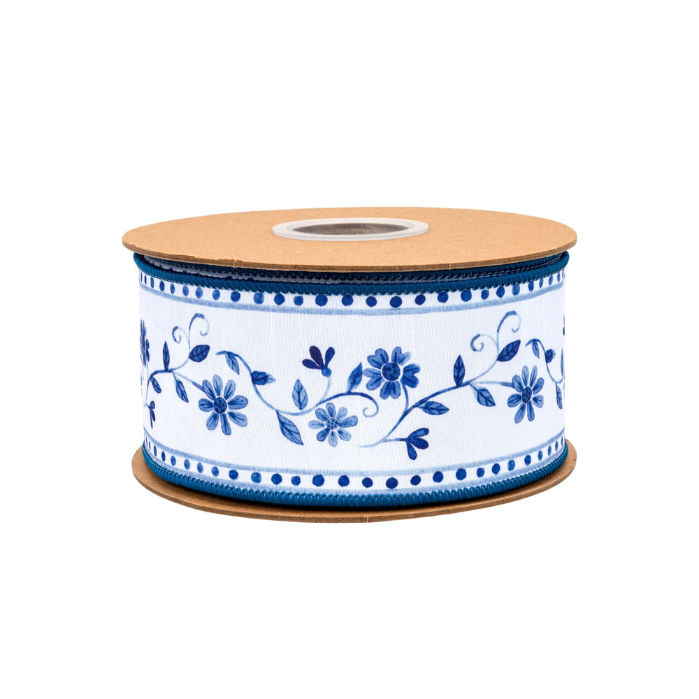 Blue Floral Vine On White with Blue Backing Wired Dupioni Ribbon - 2.5" - Greenery MarketWired Ribbon9364W-365-63E