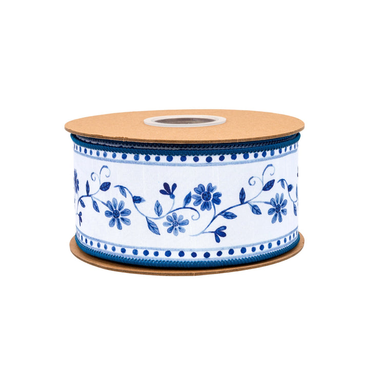 Blue Floral Vine On White with Blue Backing Wired Dupioni Ribbon - 2.5" - Greenery MarketWired Ribbon9364W-365-63E